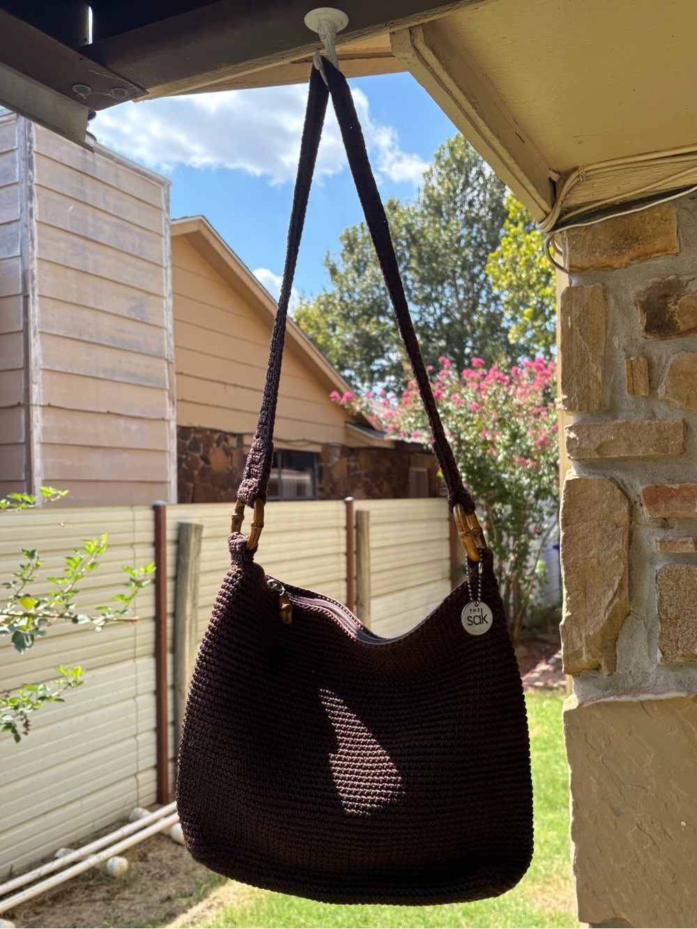 The Sak Brown Crochet Hobo Shoulder Bag Bamboo Handles Zip Top Purse
